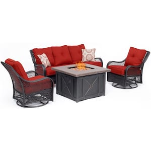 Orleans 4-Piece Woven Steel Patio Fire pit Seating Set with Autumn Berry Cushions, Sofa, Swivel Gliders and Fire pit