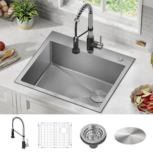 Loften Stainless Steel 25 in. Single Bowl Drop-in/Undermount Kitchen Sink with Pull Down Faucet in Black and Steel