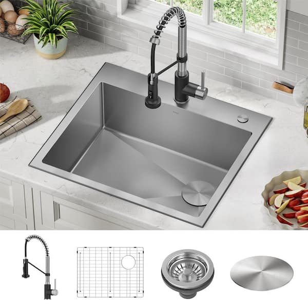 Loften 25 in. Drop-In/Undermount Single Bowl 18 Gauge Stainless Steel Kitchen Sink with Faucet in Black and Steel