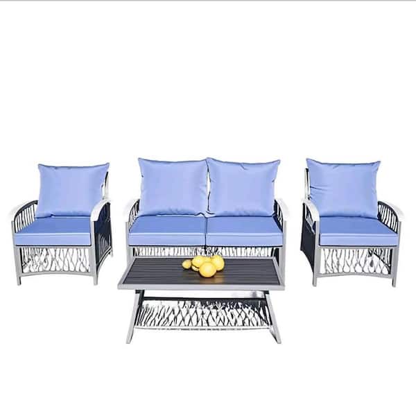 Unbranded 4-Piece Metal Patio Conversation Set with Blue Cushions