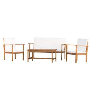 Luciano Brown 4-Piece Wood Patio Conversation Set with Beige Cushions