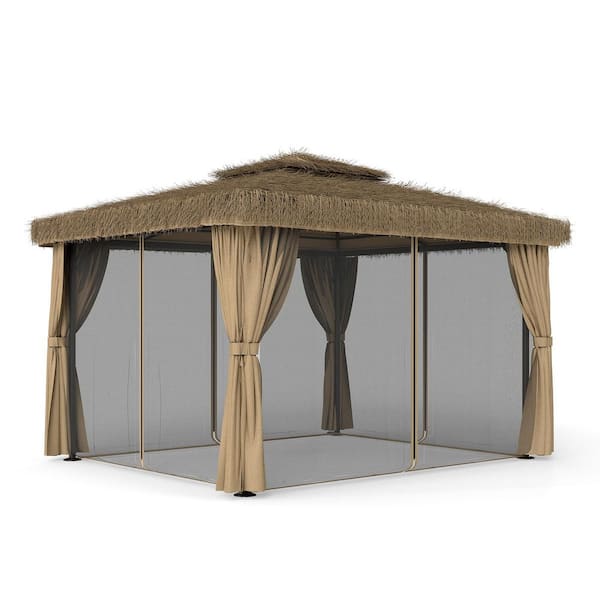 12 ft. x 13 ft. Brown Aluminum Outdoor Patio Gazebo with Double Canopy, Mosquito Net, Privacy Curtain