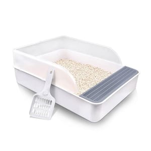 20 in. Spacious Open Cat Litter Box with Snap-On Fence, Easy to Clean and Suitable Size for Cats of All Ages, Gray White