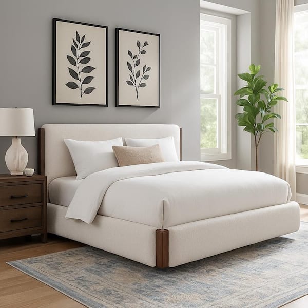 Benjara Fedro White and Brown Composite Wood Frame Queen Platform Bed with Upholstered Headboard