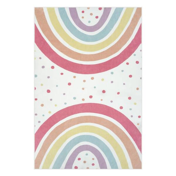 Rainbow Polka Dot Washable Non-Slip Colorful Pink 4 ft. x 6 ft. Kid Area Rug