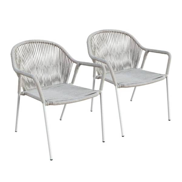 Ridge Stackable Rope Woven Outdoor Dining Chair in Beige (Set of 2)