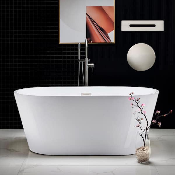 Newark 59 in. Acrylic FlatBottom Double Ended Bathtub with Brushed Nickel Overflow and Drain Included in White