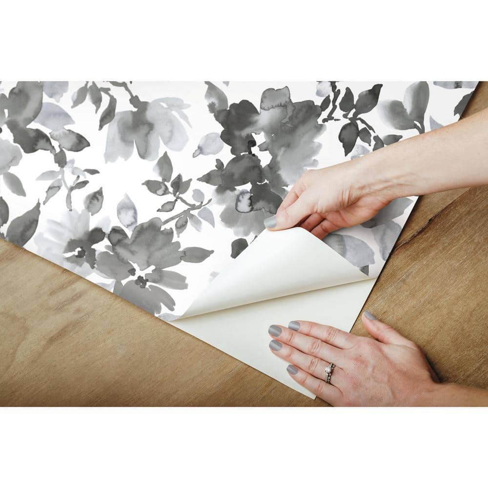 Black and White Watercolor Floral Peel and Stick Wallpaper Roll