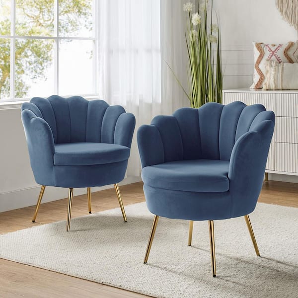 Fidelia Golden Legs Slate Tufted Barrel Chair with Scalloped Seashell Edges ((Set of 2))