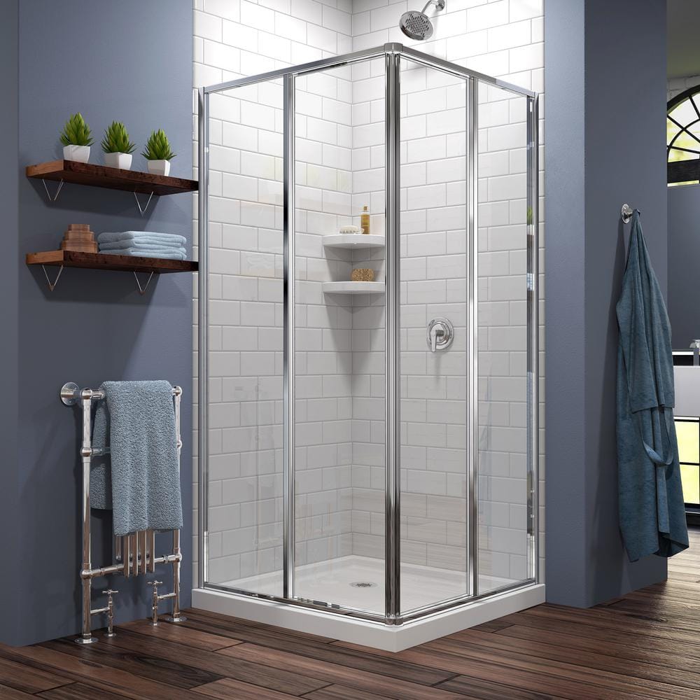 Corner View 40 in. x 72 in. Sliding Semi-Frameless Shower Door in Chrome with 42 in. x 42 in. Base in White price history on PriceWatchPro