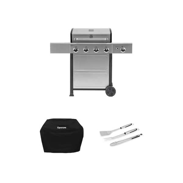 Kenmore 4 Burner Gas BBQ Grill with Side Burner, 56 in. Grill Cover and 3-Pieces Grilling Tool Set