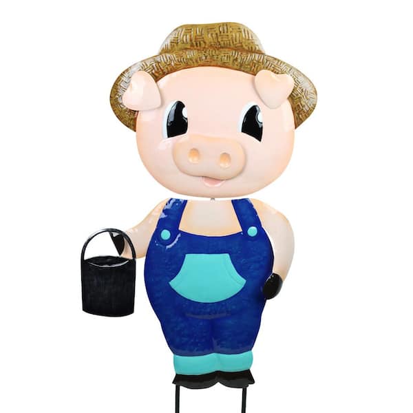 Exhart Country Pig with Bucket 2.49 ft. MultiColor Metal Garden Stake