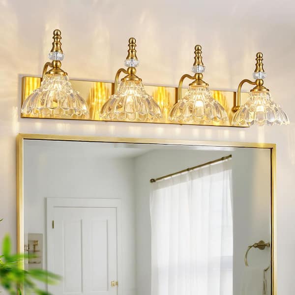 Home Lighting 30.71 in. 4-Light Gold Vintage Bathroom Vanity Light with Flower Glass Shade Over Mirror for Bathroom