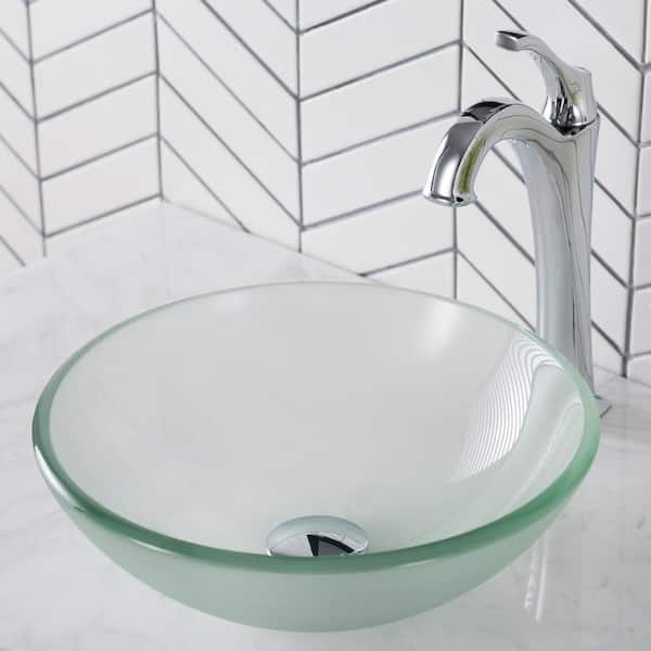 Single-Tone 14 in. Round Vessel Bathroom Sink in Frosted Clear Glass
