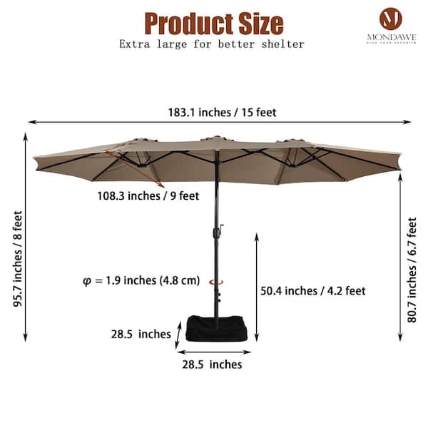 15ft double-sided extra large patio twin umbrella PHI VILLA with Base & Solar Lights,Rectangle,Navy this double Bigroof 15ft Double-Sided Patio Umbrella