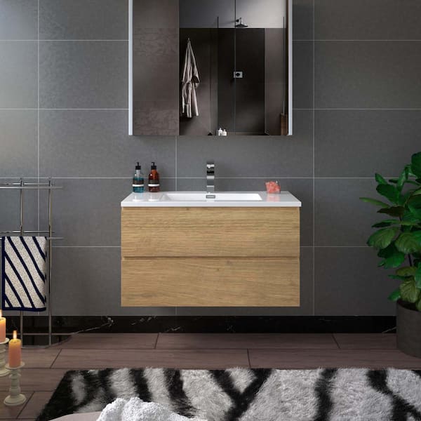 WOODBRIDGE Turin 36 in. W x 18.875 in. D x 19.63 in. H Single Sink Floating Bath Vanity in F.Oak with White Resin Top