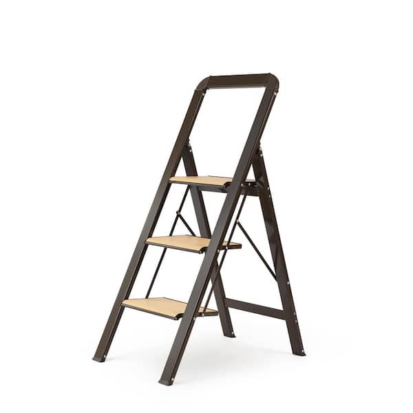 3-Step Lightweight Aluminum Step Stool (7 ft. Reach) 450 lb. Load Capacity w/ Anti-Slip Wide Pedal and Handrails, Brown