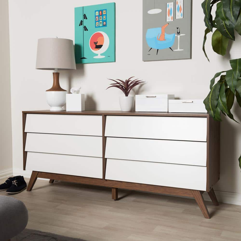 Mid-Century Modern White & Walnut 6-Drawer Storage Dresser
