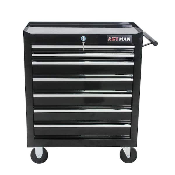 12.9 in. W 7 Drawer Rolling Metal Black Tool Cabinet with Lock, 4 Wheels Tool Carts with Workbench and Push Rod