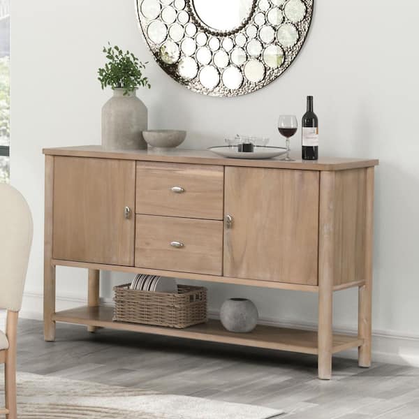 Turok Natural Wood 59 in. Buffet Sideboard with Oval Chrome Knobs and Felt-lined Top Drawer