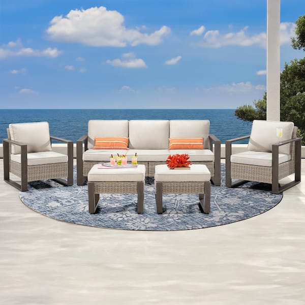 MeetLeisure 5-Person Wicker Outdoor Patio Conversation Set Rectangular Framed with Beige Cushions