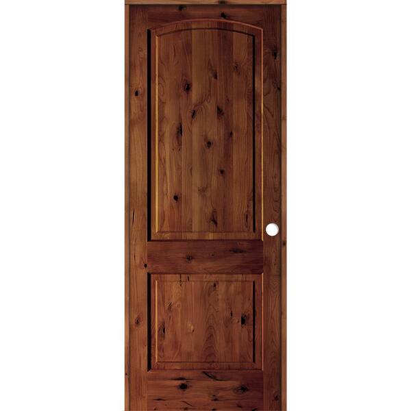 Krosswood Doors 24 in. x 96 in. Knotty Alder 2-Panel Left-Handed Red Chestnut Stain Wood Single Prehung Interior Door with Arch Top