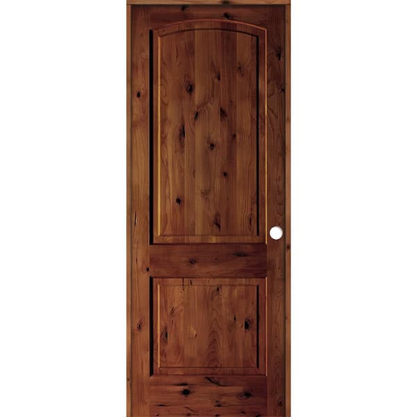 Krosswood Doors 36 in. x 96 in. Knotty Alder 2-Panel Left-Handed Red Chestnut Stain Wood Single Prehung Interior Door with Arch Top