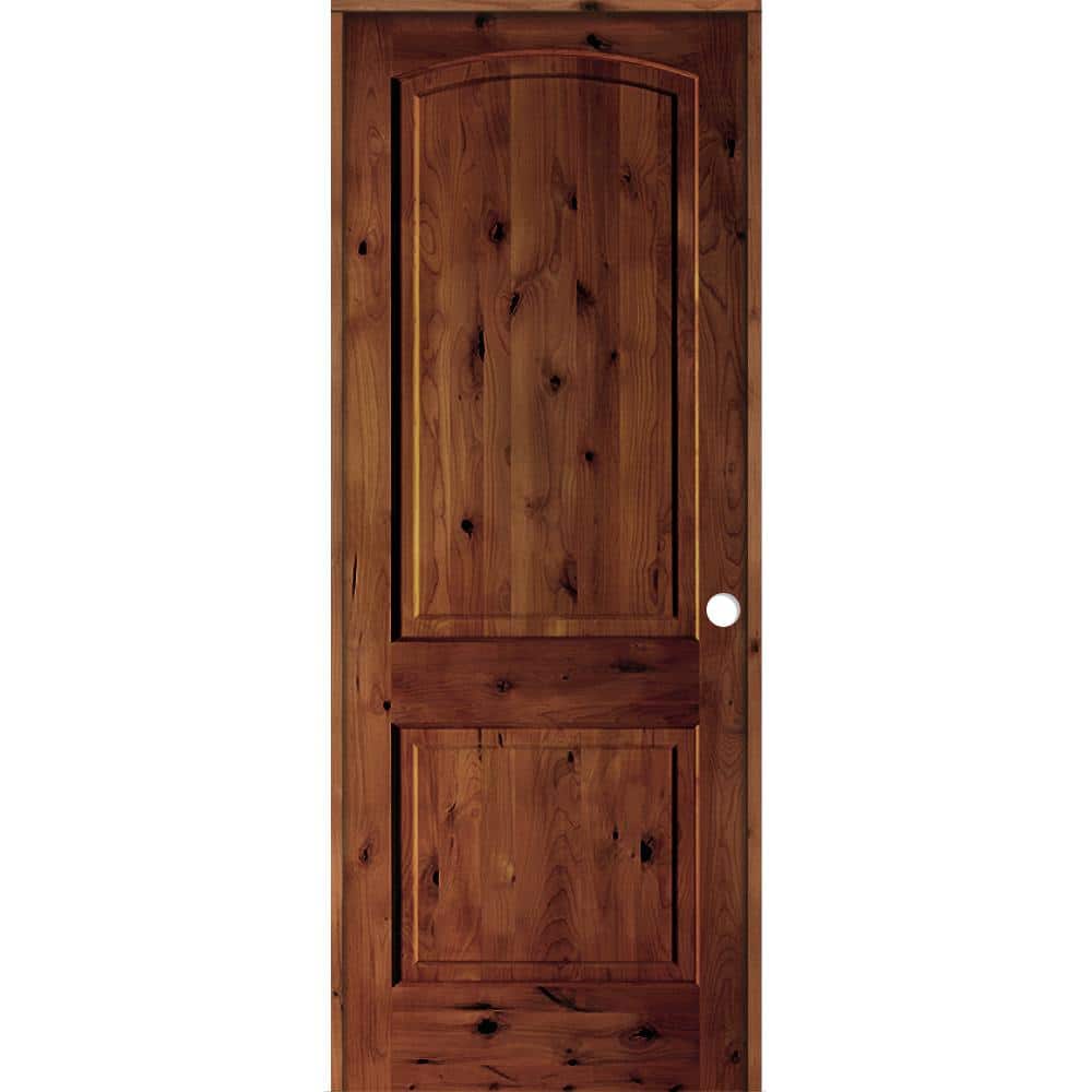 18 in. x 96 in. Rustic Knotty Alder 2-Panel Left Handed Red Chestnut Stain 