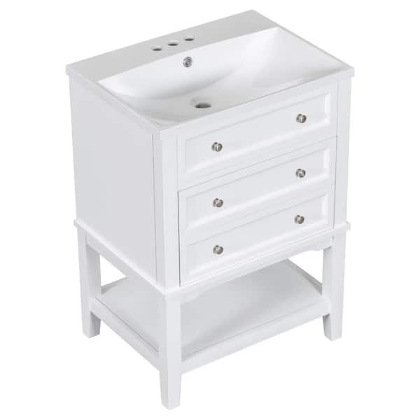 FUNKOL 33 in. H Modern Elegant Freestanding Bathroom Sink Vanity with, Drawer and Open Shelf in White