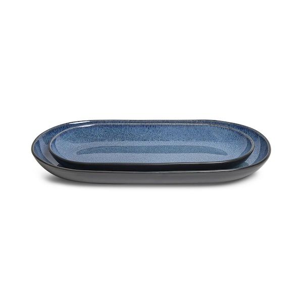 Sango Resona Blue/Black Large Ceramic Serving Platters Set of 2, 14/12 Inch