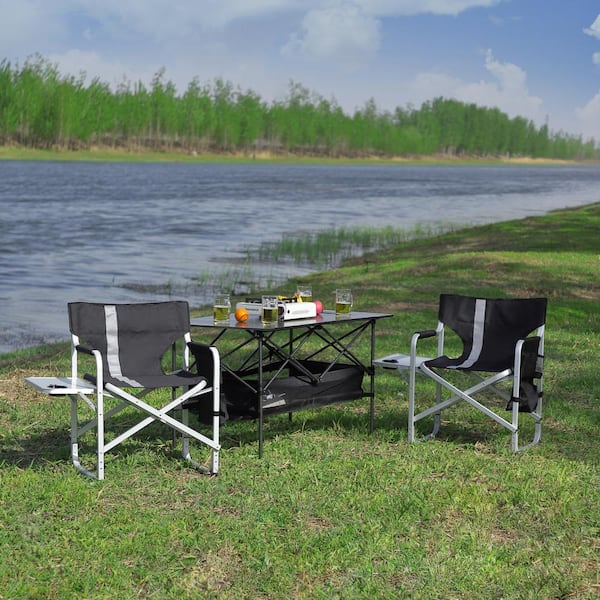 Zeus & Ruta Set of 3 Black and Gray Folding Outdoor Table and Lawn Chairs Set for Indoor, Outdoor Camping, Picnics, Beach, Party