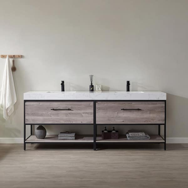 ROSWELL Palma 84 in. W x 22 in. D x 33.8 in. H Bath Vanity in Moxican Oak with White Composite Grain Stone Top Without Mirror