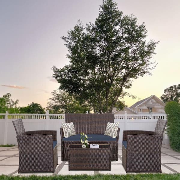 MIRAFIT 4-Piece Brown Wicker Bistro Patio Conversation Set with Table and Blue Cushions