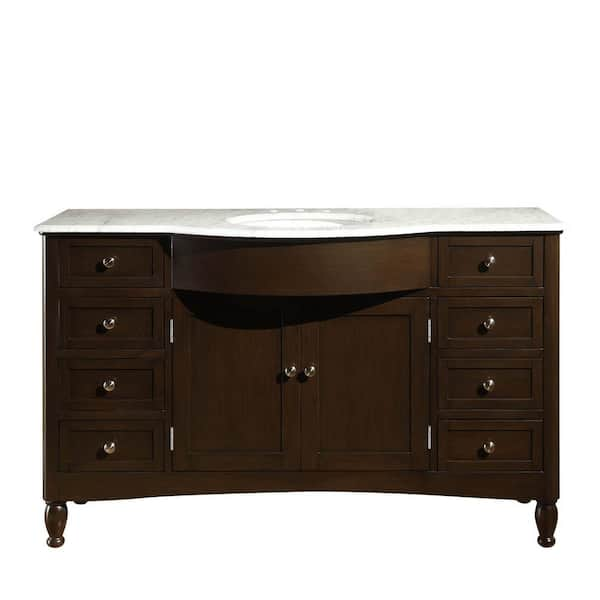 58 in. W x 22 in. D Vanity in Dark Walnut with Marble Vanity Top in Carrara White with White Basin