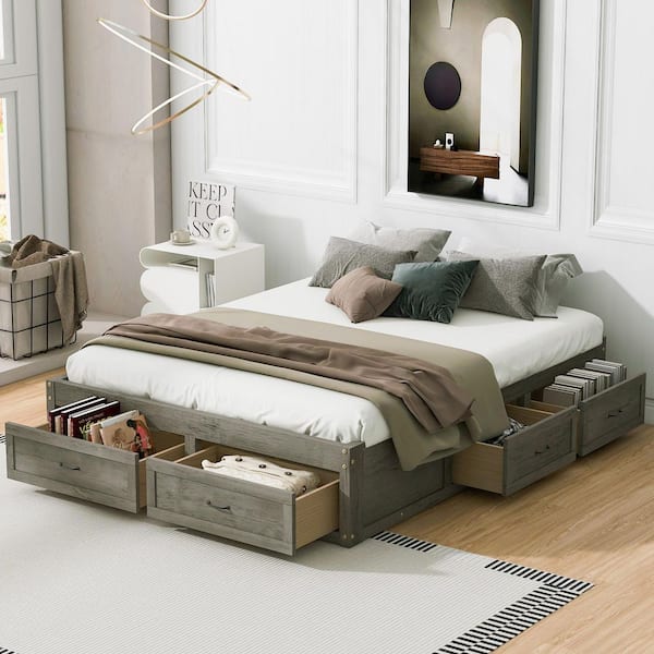 Antique Gray Wood Frame Queen Size Platform Bed with 6 Storage Drawers