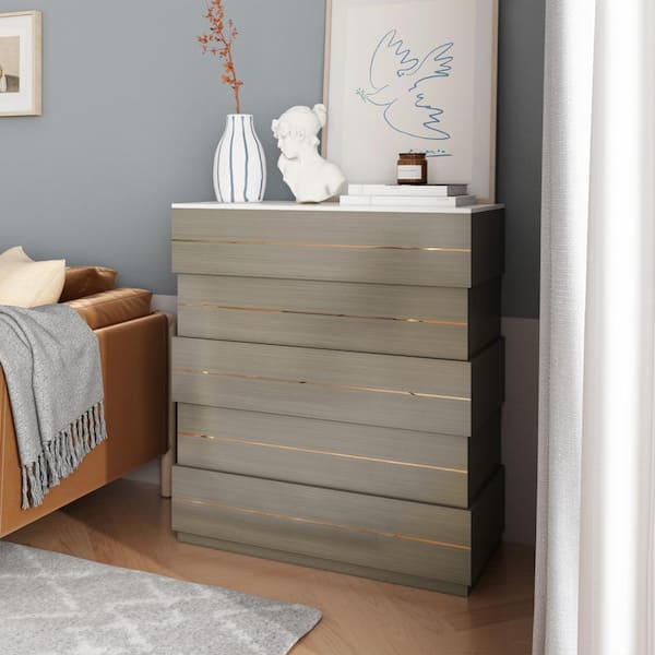 FUFU&GAGA 5-Drawer Gray Wood with Gold Trim Vertical Chest of Drawer Modern Accents Cabinet Storage Chest 35.4 in. W x 15.7 in. D