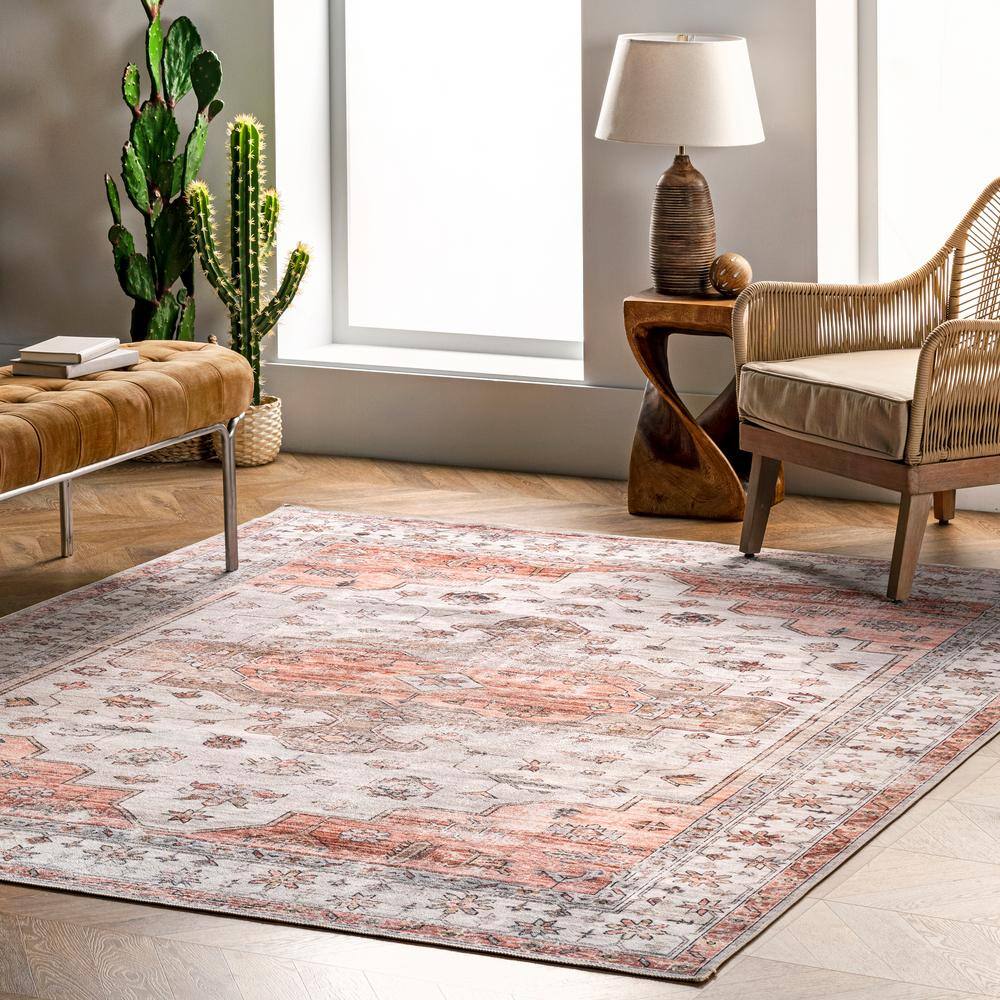 Beige and Coral Persian Style Machine Washable Area Rug