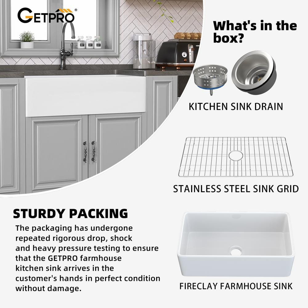 White Fireclay Single Bowl Farmhouse Kitchen Sink with Grid