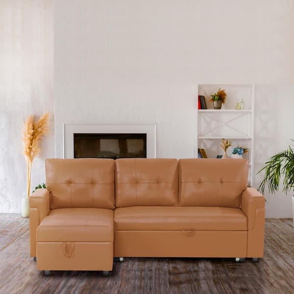 85 in. Square Arm Velvet L-Shaped Sofa with Reversible Chaise and Pull-Out Sleeper Bed in. Caramel Air Leather
