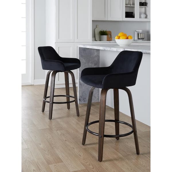 Daniella 25.5 in. Black Velvet, Walnut Glazed Wood and Black Metal Fixed-Height Counter Stool (Set of 2)