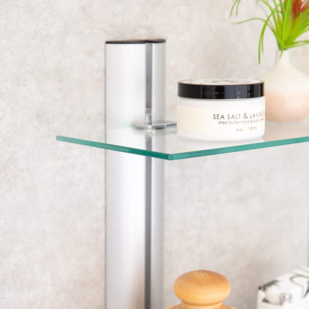 Black Glass and Wood Floating Wall Shelf Unit