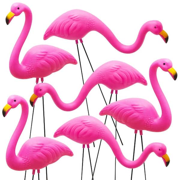 Angel Sar 2-Styles Pink Plastic Small Flamingo Statue with Metal Legs for Outdoor Garden Sidewalks, (Set of 6)
