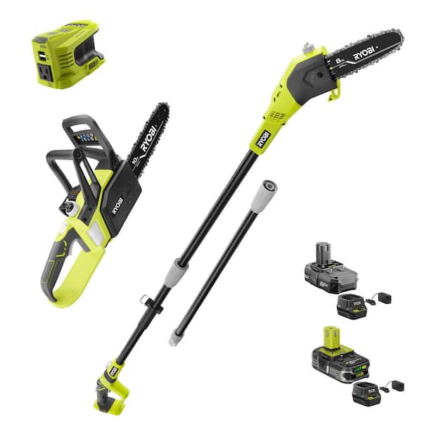 RYOBI ONE+ 18V 8 in. Cordless Battery Pole Saw, 10 in. Chainsaw, and Power Inverter with (2) Batteries and (2) Chargers