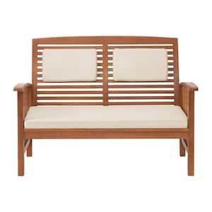 Lyndon Eucalyptus Wood Outdoor 2-Seat Bench with Cushions, Light Brown (48in W x 28in D x 35in H)