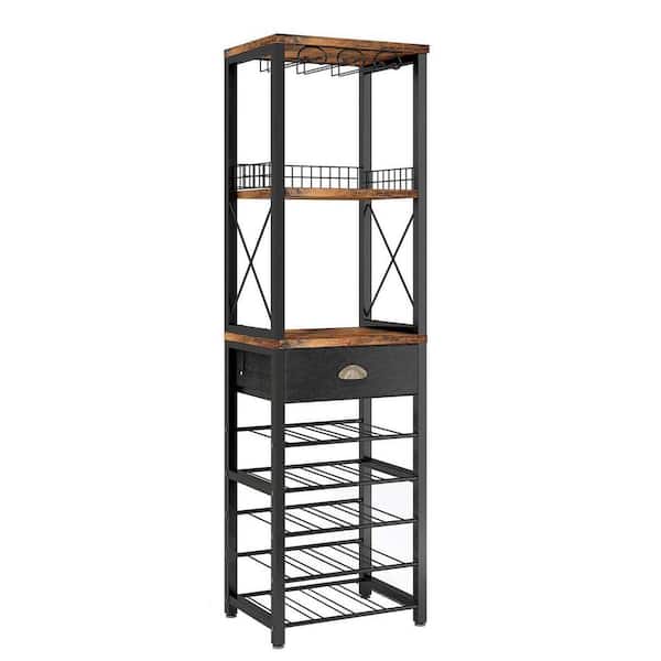 Brown Freestanding Floor Wine Glass Rack with Tabletop Storage Drawer Glass Holder 4-Tier Home Organizer