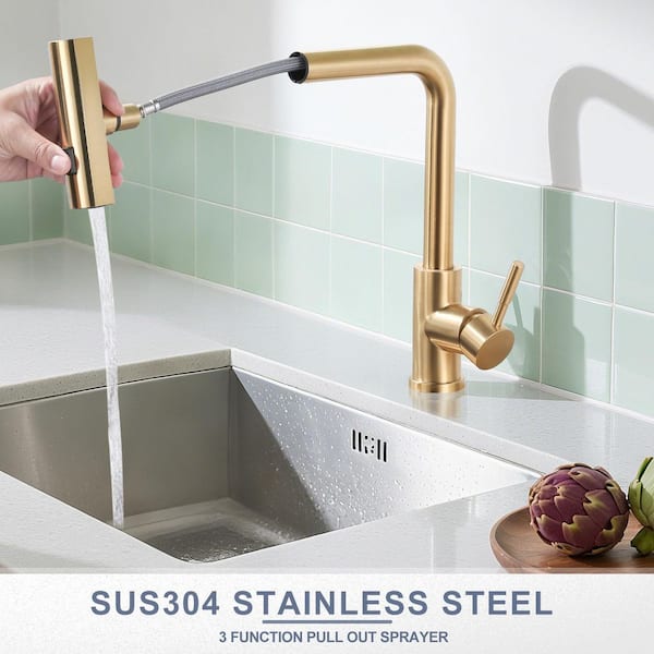 Single Handle Stainless Steel 3 Functions Waterfall Pull Down Sprayer Kitchen Faucet in Brushed Gold