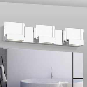 33 in. 25-Watt 3-Lights Chrome Integrated LED Vanity Light with Square Seedy Glass