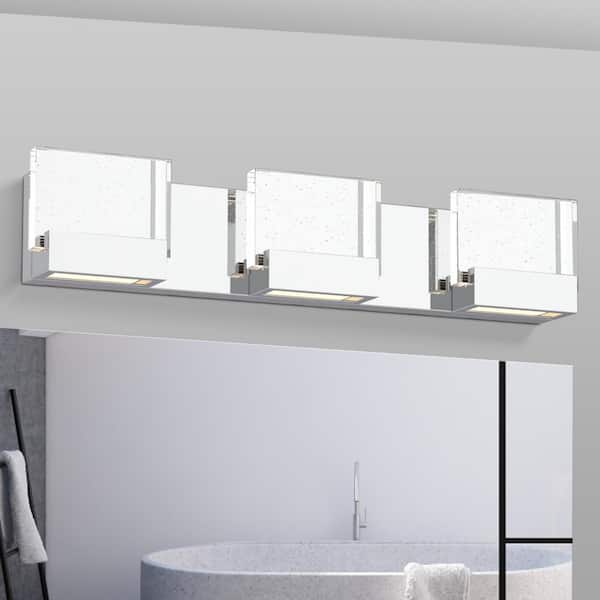 Edvivi 33 in. 25-Watt 3-Lights Chrome Integrated LED Vanity Light with Square Seedy Glass