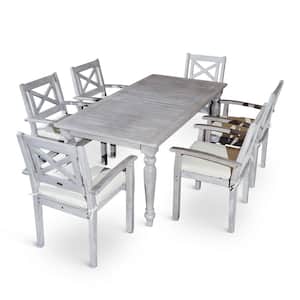7-Piece Gray and Silver Rectangle Solid Wood 30 in. Outdoor Dining Table Set with Detachable Cushion