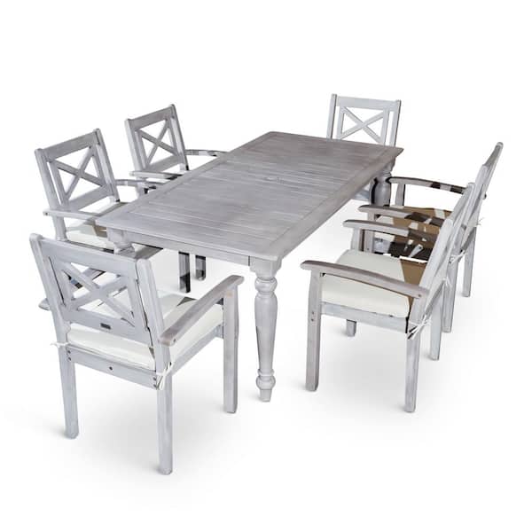 ITOPFOX 7-Piece Gray and Silver Rectangle Solid Wood 30 in. Outdoor Dining Table Set with Detachable Cushion